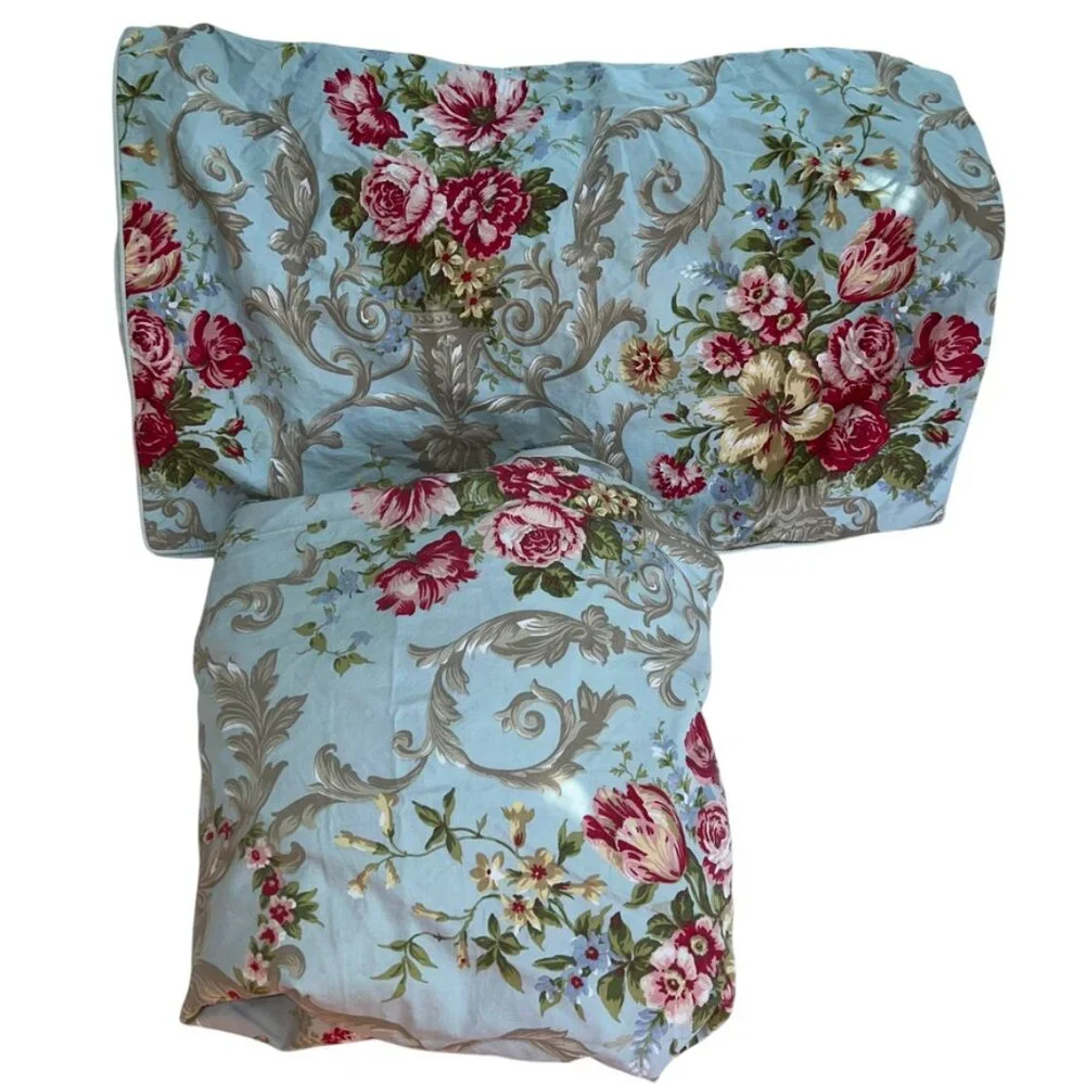 Softta blue pink cabbage rose shabby chic TWIN duvet cover pillow case